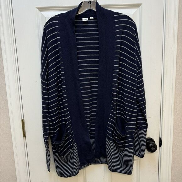 Gap Women's Merino Wool Cardigan Small Navy Blue Stripe Long Sleeve Open Front - Picture 1 of 7